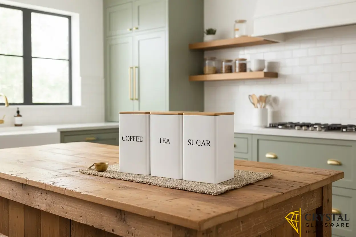Shoxil white canisters are made of powder-coated steel with airtight bamboo lids